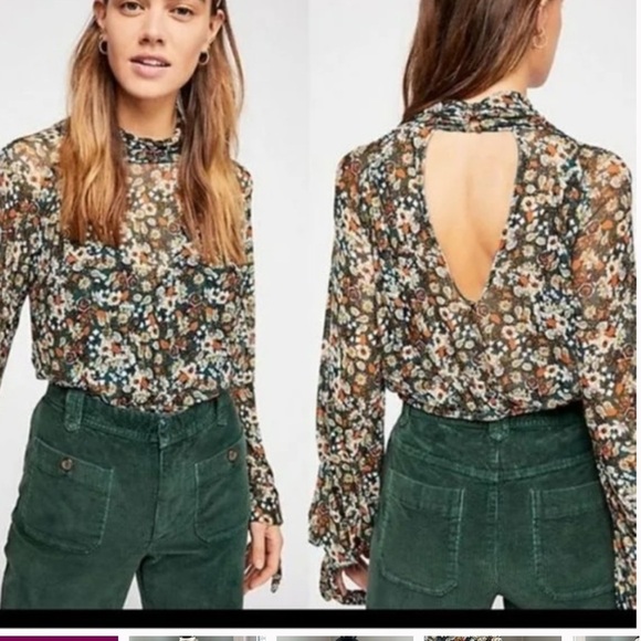 Women's Free People All Dolled Up Blouse Top Sz xs Green Jade Floral Stretch - Picture 1 of 5